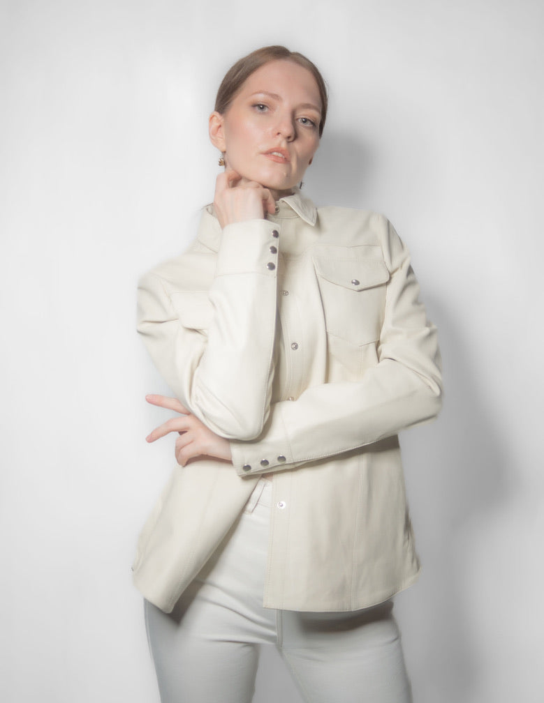 Women Western Lambskin Shirt - Cream