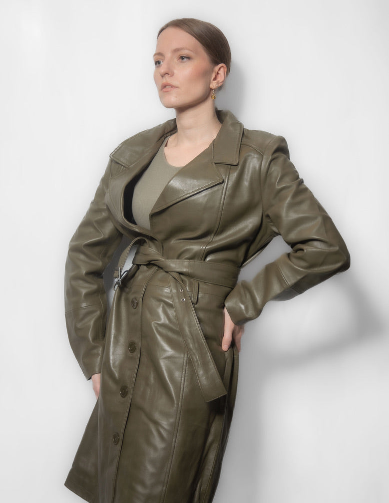 Eclipse - Women Olive Lambskin Leather Coat