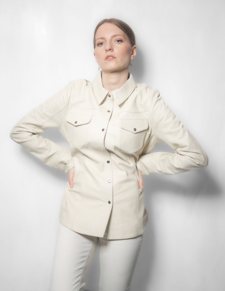 Women Western Lambskin Shirt - Cream