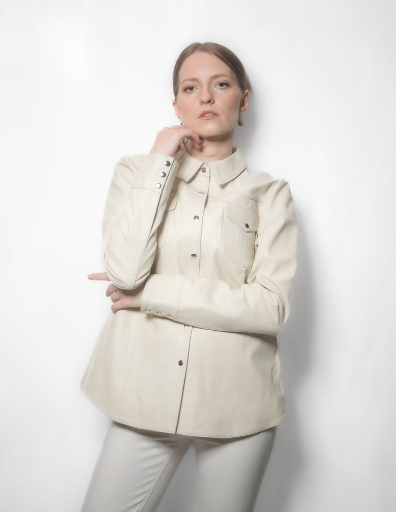 Women Western Lambskin Shirt - Cream