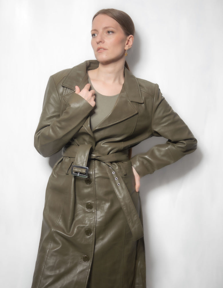 Eclipse - Women Olive Lambskin Leather Coat